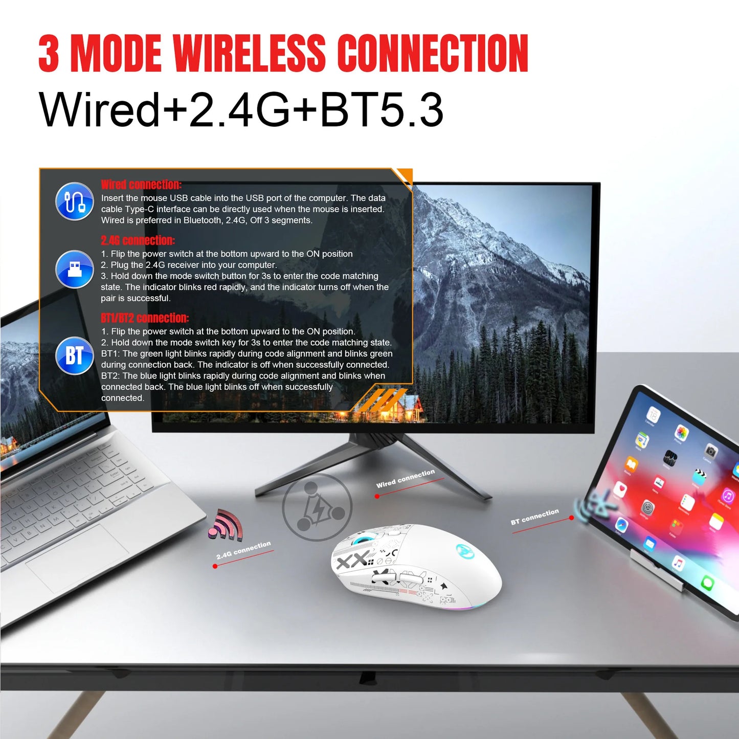 Ratón gaming Bluetooth recargable de 3 modos 2.4G USB inalámbrico con retroiluminación RGB para iPad, tablet, portátil y ordenador