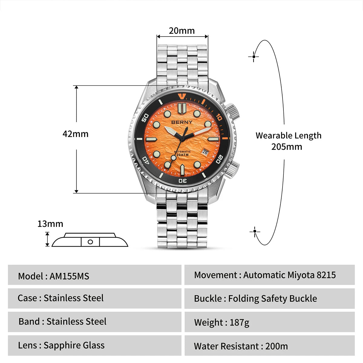 BERNY Diver Automatic Watches Men's Luxury Sapphire 316L Stainless Steel Mechanical Watch 42MM 200M Waterproof Diving Men's Watch