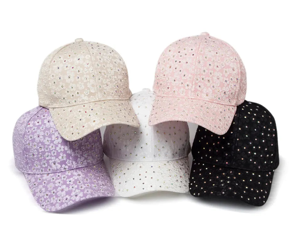 CNTANG Sommer-baseballkasket til kvinder med rhinestones og blomsterbroderi, snapback-kasket til kvinder, designer-solhat, hiphop-kasketter i Y2K-stil
