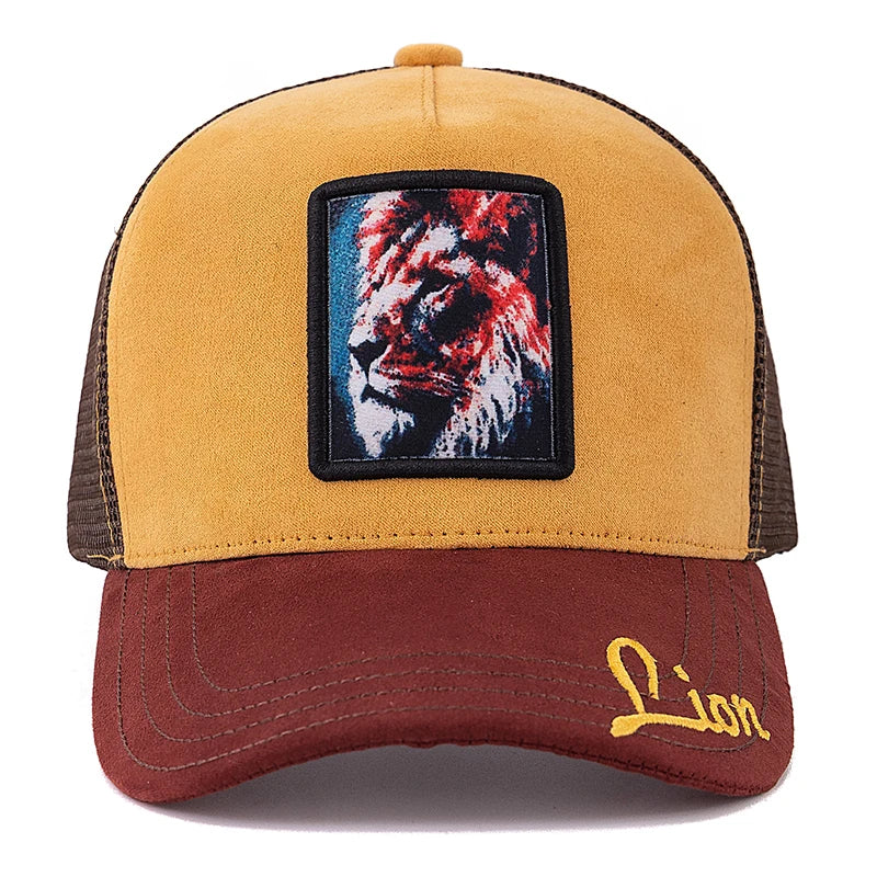 Gorra de malla unisex con parche con diseño de león, de ante, para mujer y hombre, gorra de béisbol de verano con motivos animales, gorra de camionero de moda