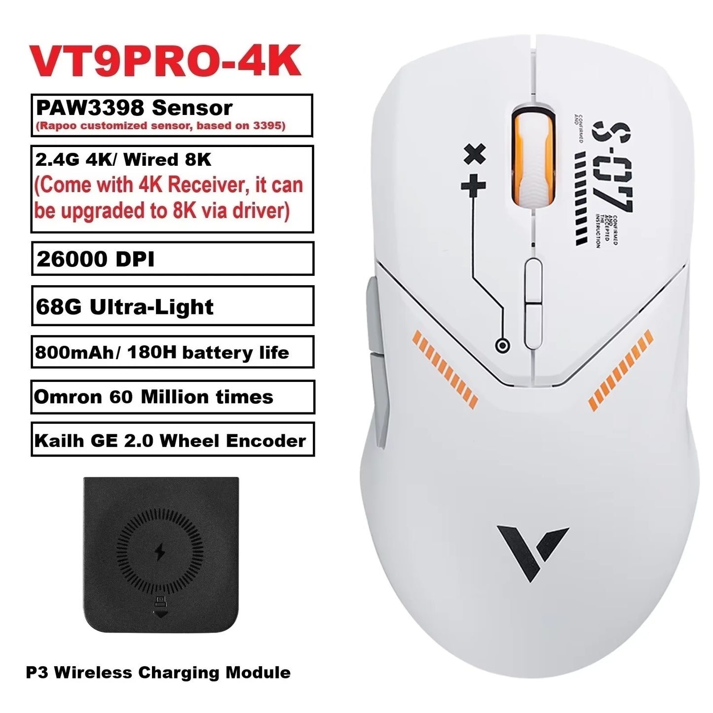 Ratón gaming inalámbrico Rapoo VT9PRO PAW3398 68g, con cable, programable, ergonómico, 26000DPI, recargable Type C, accesorio para PC gamer