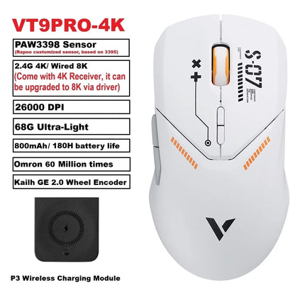 Ratón gaming inalámbrico Rapoo VT9PRO PAW3398 68g, con cable, programable, ergonómico, 26000DPI, recargable Type C, accesorio para PC gamer