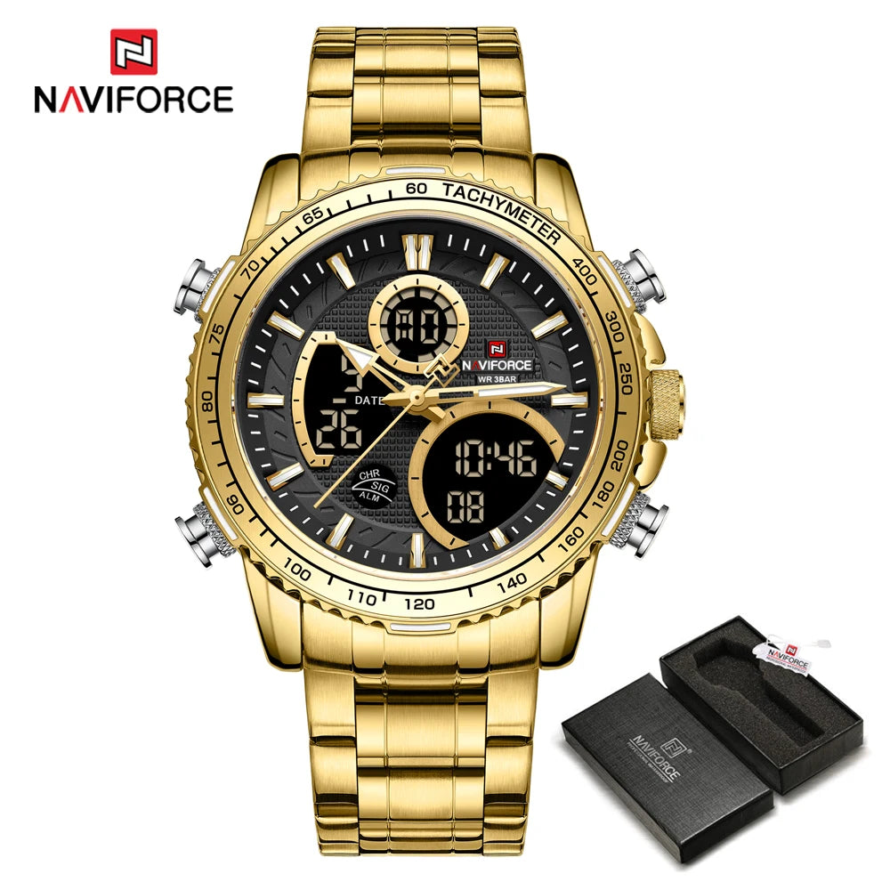 Relógio desportivo para homem NAVIFORCE – Relógio de pulso de luxo original em aço inoxidável, modelo militar estanque com duplo visor