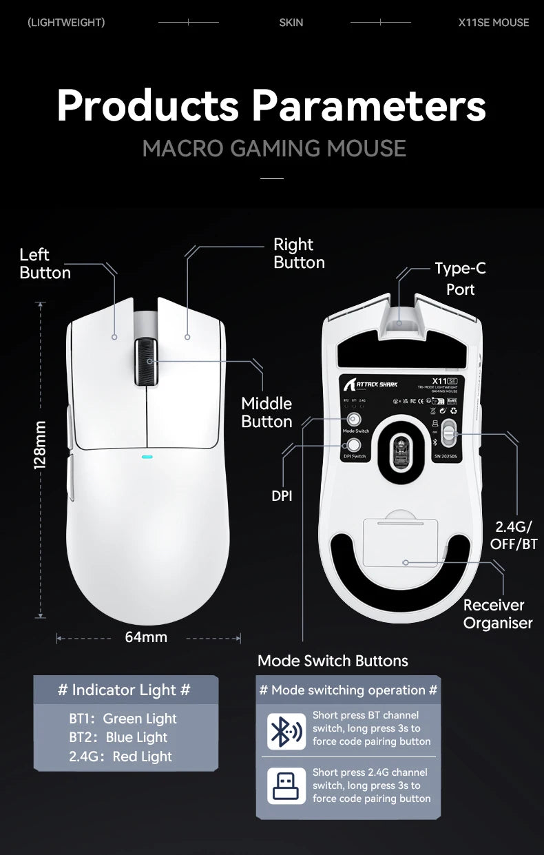 Ratón gaming inalámbrico ATTACK SHARK X11SE, trimodo, superligero de 63g con sensor PAW3311, 22000 DPI, batería de 300mAh, controlador dual