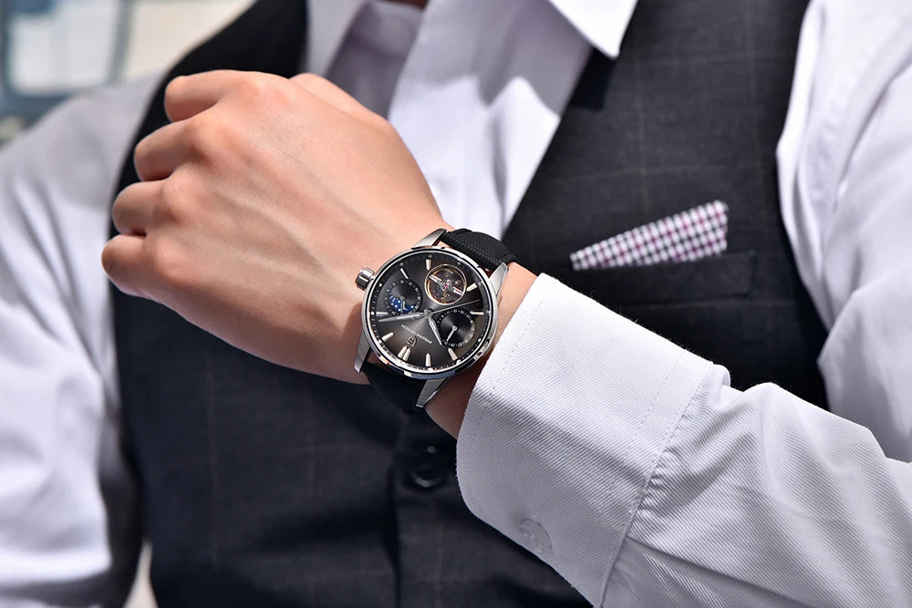 PAGANI DESIGN – Luxusné mechanické pánske hodinky, 41 mm, zafírové sklo, kožený remienok, vodotesné, v štýle pilotných hodín, s tourbillonom a fázou mesiaca