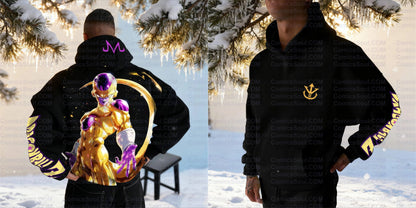 Conjunto de sudadera con capucha negra Dragon Ball Z Frieza Golden Form con estampado trasero de efecto de energía morada en algodón y diseño con logotipo M