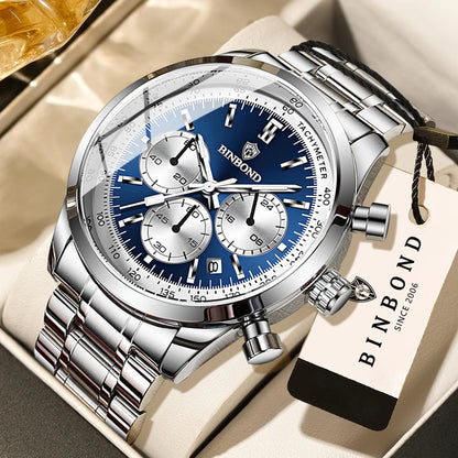Relógio de quartzo BINBOND para homem, elegante, robusto e preciso, com data automática, cronógrafo, luz noturna e à prova de água. Estilo descontraído.