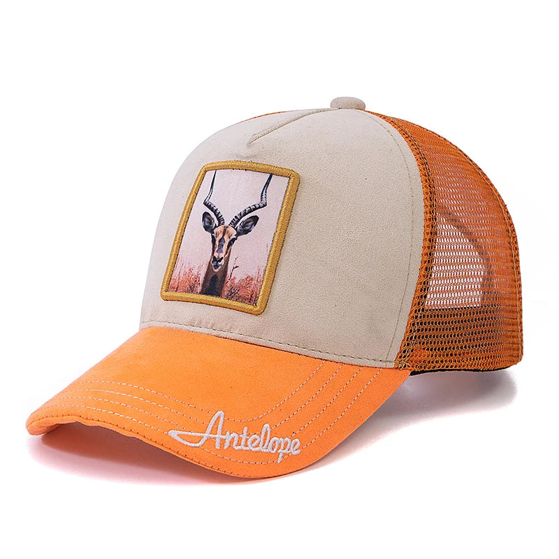 Gorra de malla unisex con parche con diseño de león, de ante, para mujer y hombre, gorra de béisbol de verano con motivos animales, gorra de camionero de moda