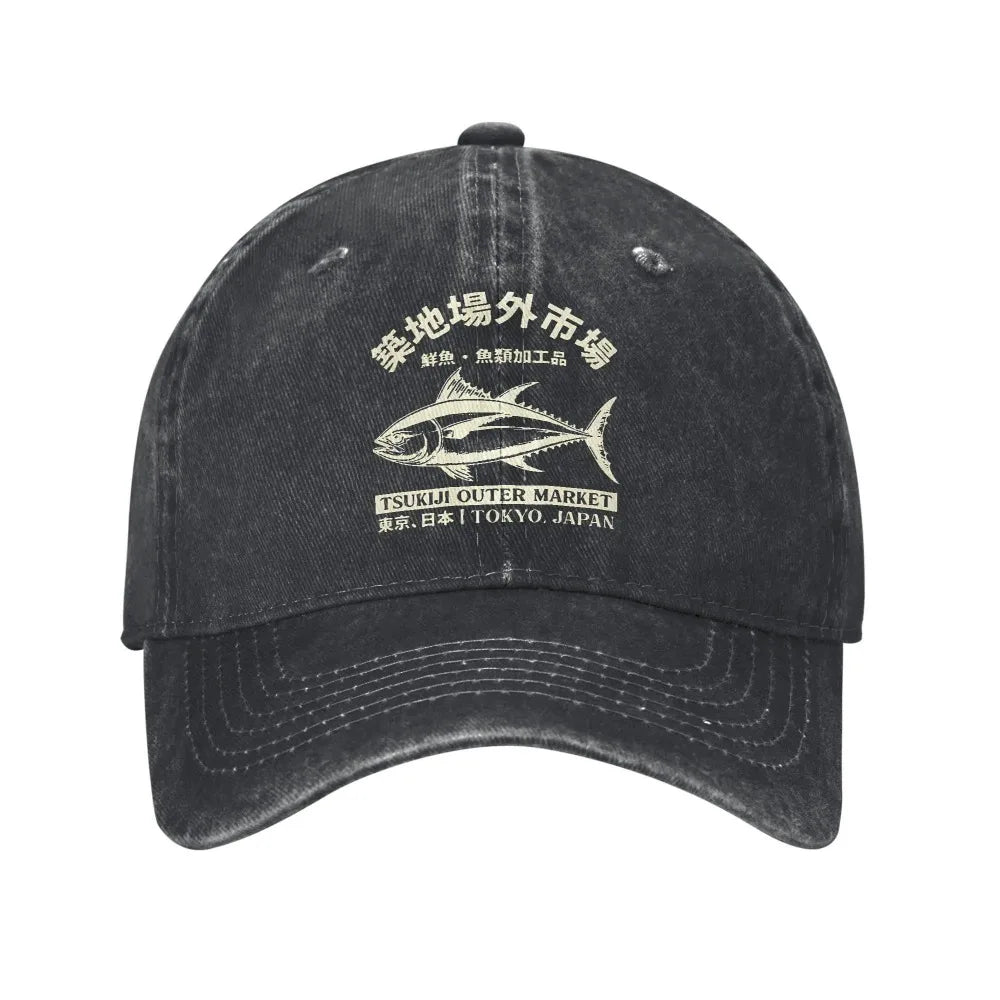 Casquette de baseball « Japanense Tsukiji Fish Market Washed Tokyo Japan » - Casquette trucker délavée au soleil - Casquette snapback pour femme et homme