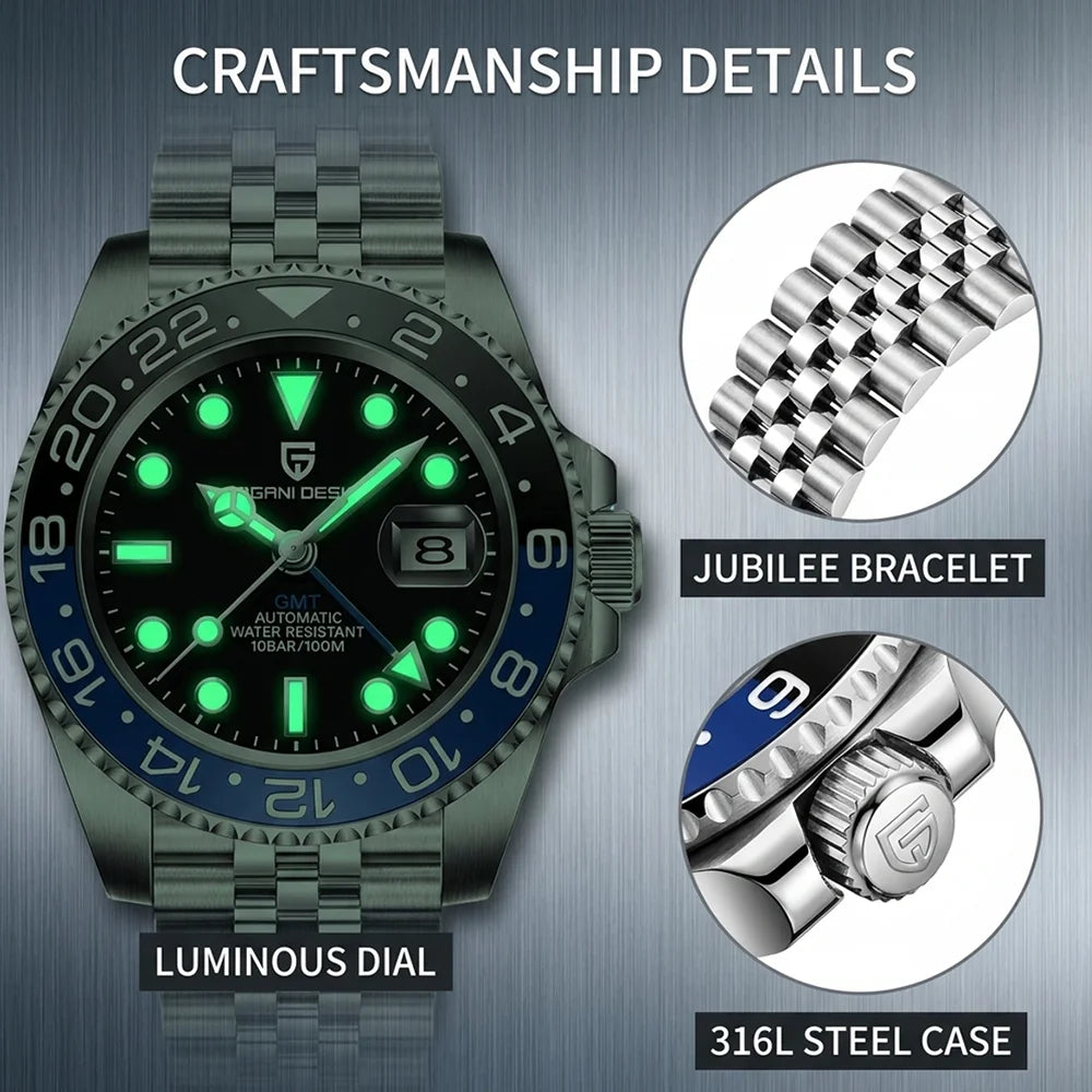 PAGANI DESIGN Men's Automatic Watches Sapphire Glass 40mm Ceramic GMT Mechanical Wristwatch Top Brand Sports Waterproof Men's Watch