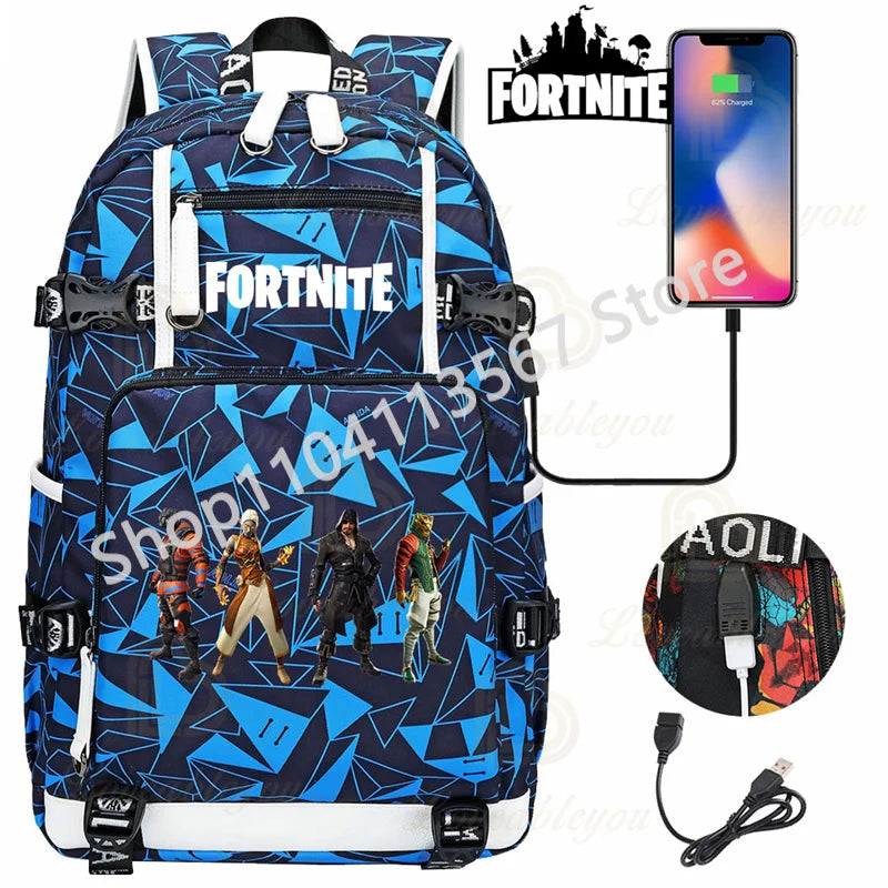 Red Jade F-Fortnited Battle Royale Backpack with USB Charging Anime Figures Study Stationery Compartment for Students Mochila
