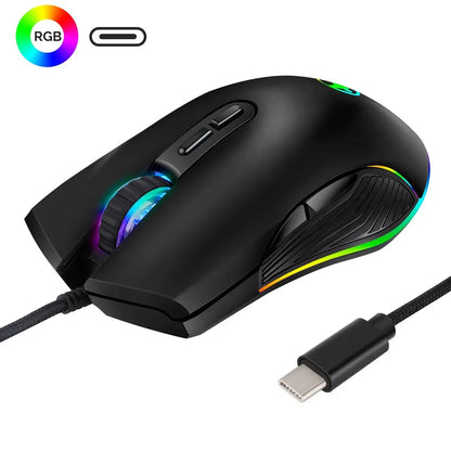 Type-C Hub Wired Mouse Optical Gaming Mouse RGB 4 Backlight Computer Mouse 3200DPI for Apple MacBook Pro Matebook X Any Device