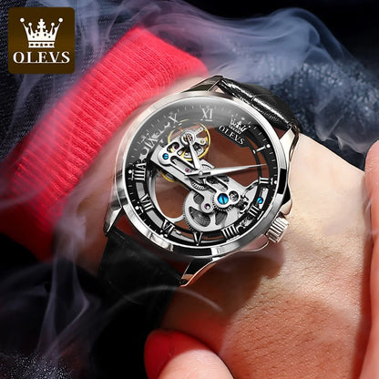 Montre mécanique automatique pour homme OLEVS 6661 – Modèle squelette entièrement transparent avec volant apparent, bracelet en cuir, montre de luxe originale pour homme