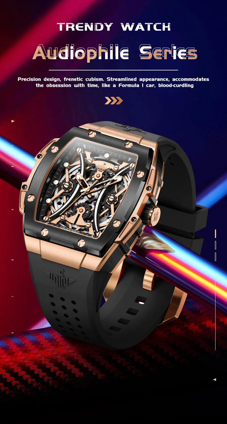 OUPINKE Herrenuhr – klassische Luxus-Armbanduhr mit Tonneau-Zifferblatt, Original-Topmarke, automatische mechanische Uhr, Silikonarmband, Saphirglas, neu