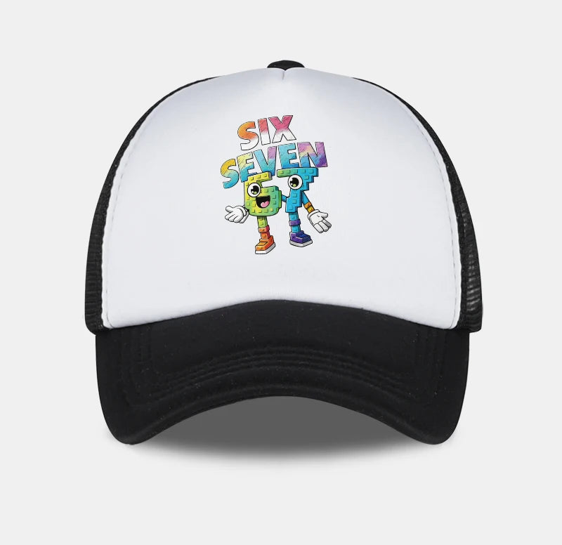 Six Seven Cartoon Number Print Sponge Mesh Cap – Unisex Colorful Building Block Mesh Baseball Cap – Adjustable, Breathable Sun H