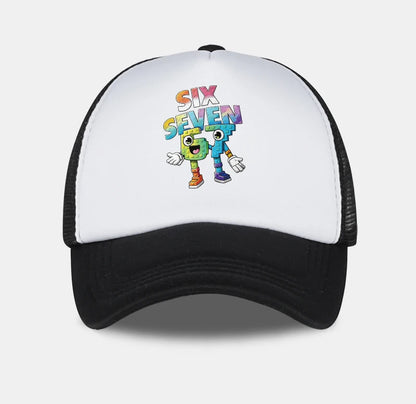 Six Seven Cartoon Number Print Sponge Mesh Cap – Unisex Colorful Building Block Mesh Baseball Cap – Adjustable, Breathable Sun H