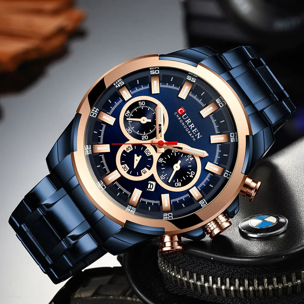 Montre chronographe pour homme CURREN, grand cadran de 48 mm, bracelet en acier inoxydable, trois sous-cadrans, montre-bracelet de sport à quartz, style luxueux