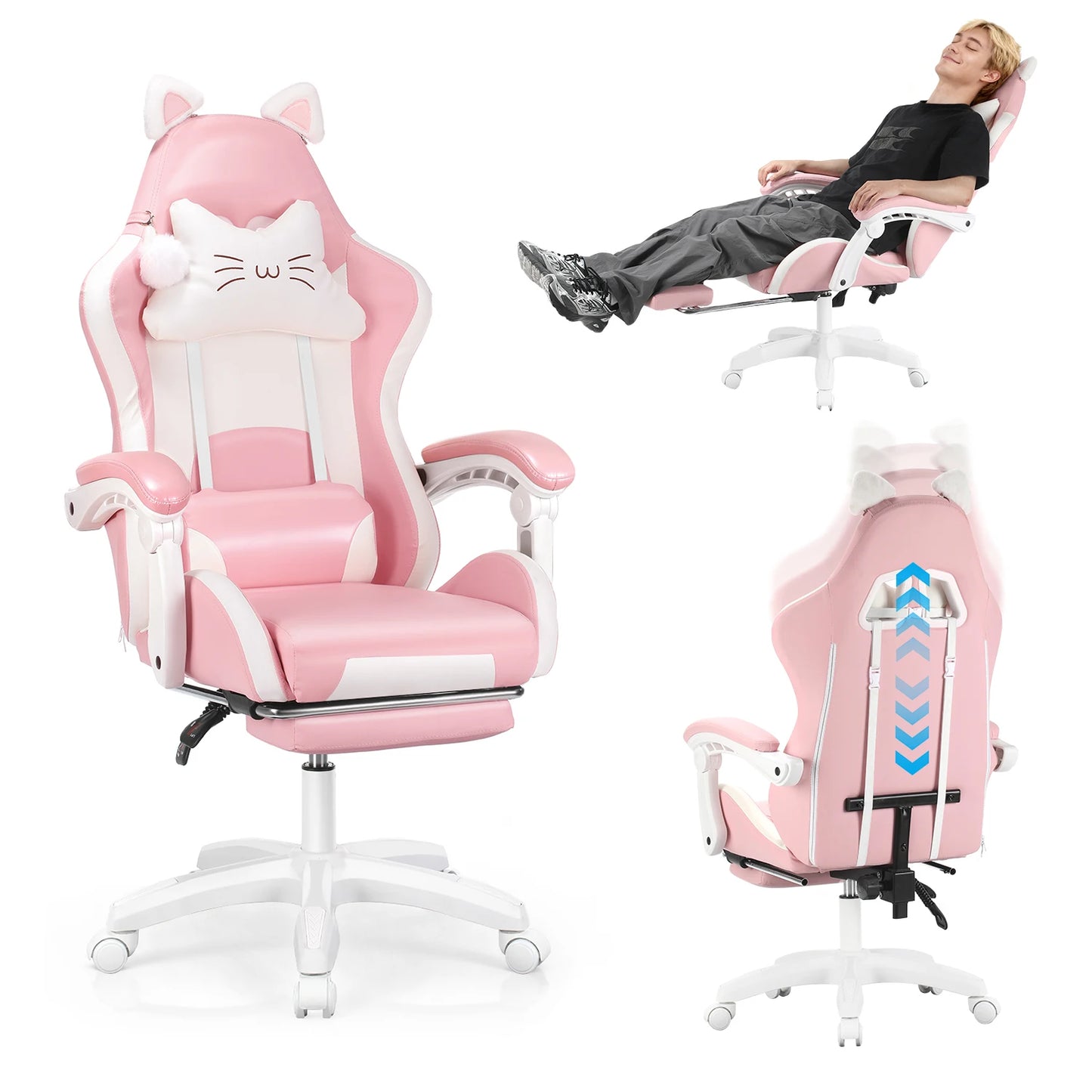 Cat Ear Gaming Chair with Footrest, Ergonomic Computer Gaming Chair with Lumbar Support, Adjustable Height 360° Swivel Racing Chair