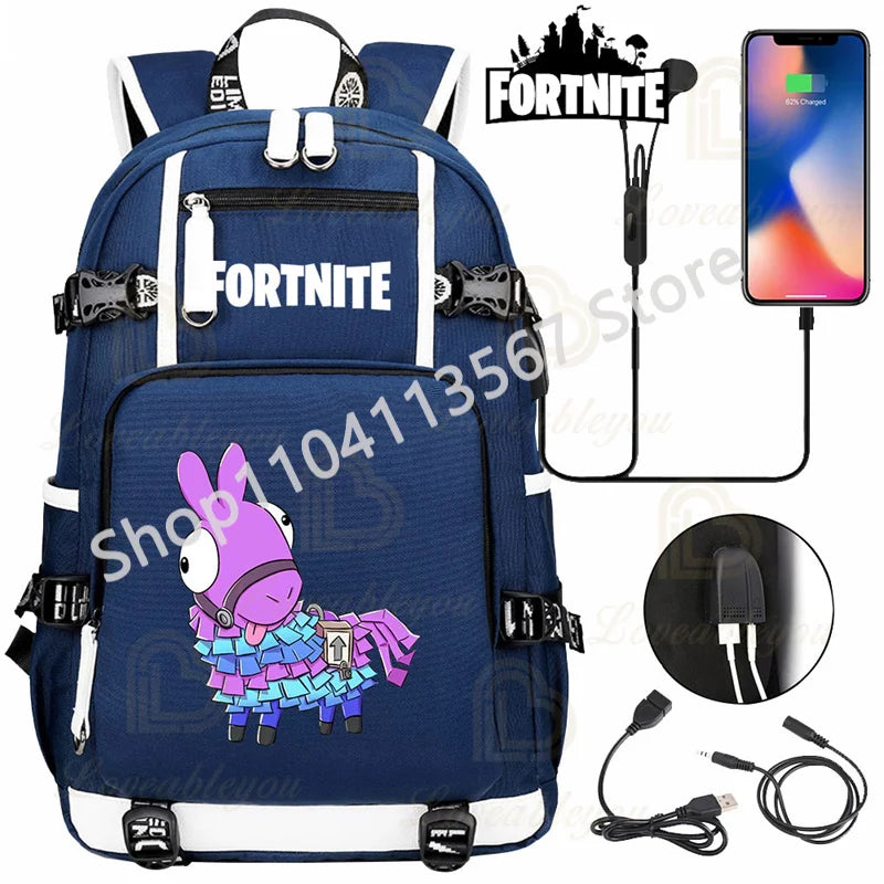 Red Jade F-Fortnited Battle Royale Backpack with USB Charging Anime Figures Study Stationery Compartment for Students Mochila