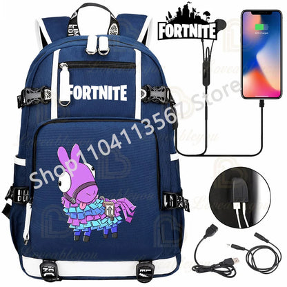 Red Jade F-Fortnited Battle Royale Backpack with USB Charging Anime Figures Study Stationery Compartment for Students Mochila