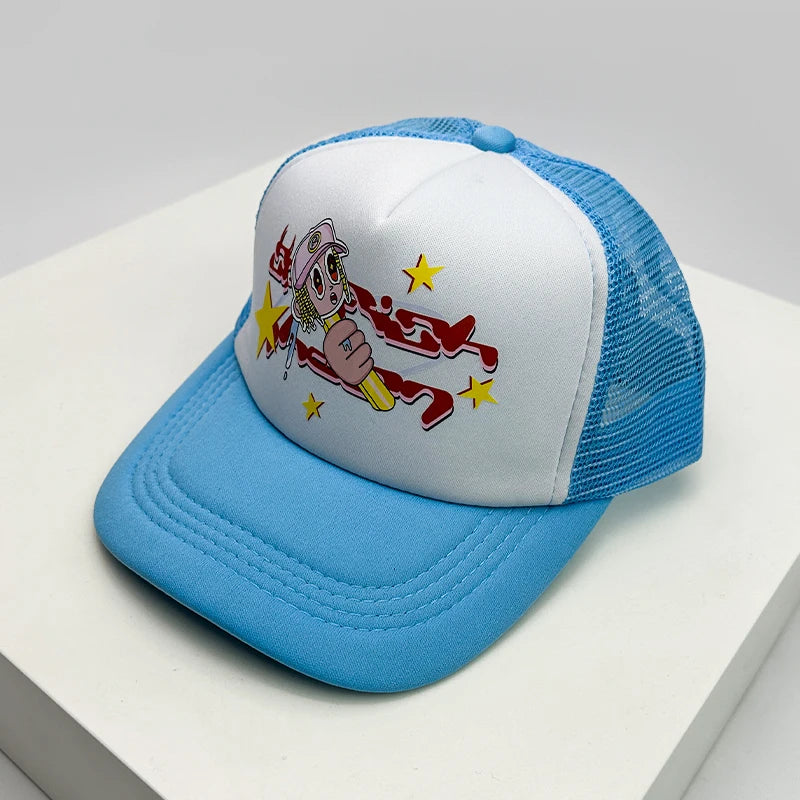 Kšiltovky ve stylu amerických kšiltovek s potiskem Cruise Anime New Letter Mesh Trucker – sluneční, prodyšné baseballové kšiltovky pro muže i ženy, univerzální módní kousek