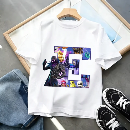 Μπλουζάκι Fortnite με στάμπα αλφαβήτου A-Z για παιδιά, καλοκαιρινό, λευκό, δημοφιλές cartoon game, casual κοντομάνικο τοπ μόδας, ιδανικό για δώρο