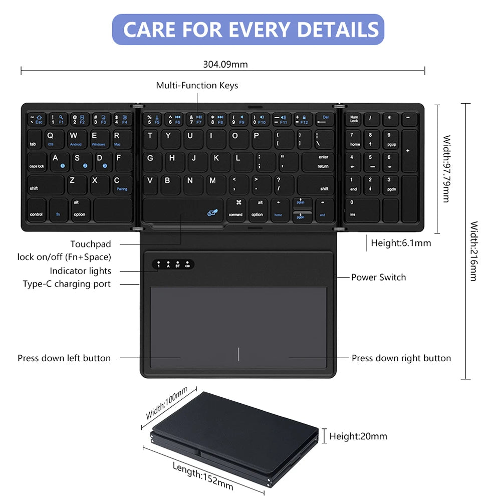 BOW Foldable Bluetooth Keyboard with Touchpad Pocket Folding Keyboard for Laptop Phone Tablet Wireless Rechargeable Keyboard