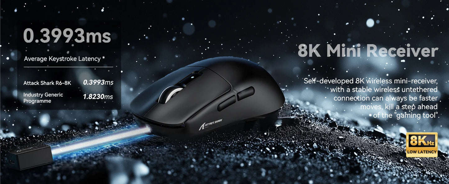 Ratón gaming inalámbrico ligero Attack Shark R6, ratón para ordenador con sensor PAW 3950Max y Nordic 52480, sondeo de 8KHz