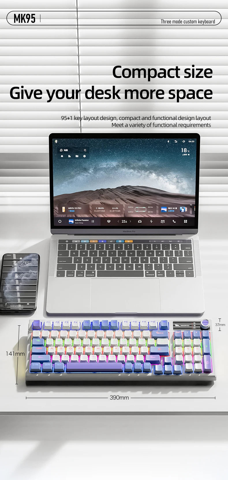 SMAILWOLF MK95 Bluetooth Wireless Three-Mode Mechanical Keyboard Korean Customized Office Gaming Laptop with RGB Lighting Effect