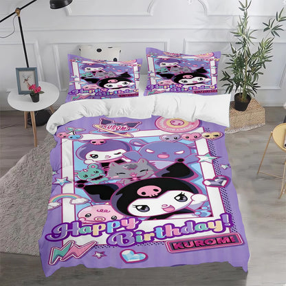 Ensemble de literie Kuromi : housse de couette et taie d'oreiller mignonnes, pour chambre d'enfant (garçon ou fille), décoration de chambre, cadeau pour enfants, taille simple, double ou grande