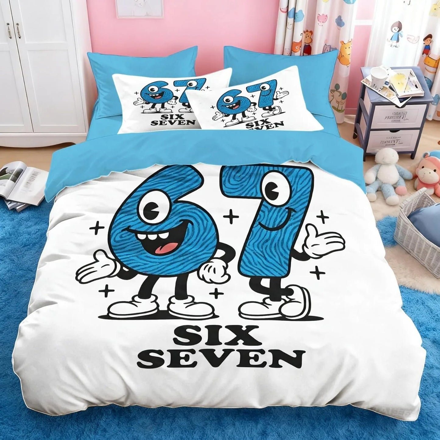Set de lenjerie de pat Cartoon Print Six Seven 67, 2/3 piese, husă de pilotă și față de pernă pentru acasă, adolescenți și adulți, cadou pentru băieți și fete