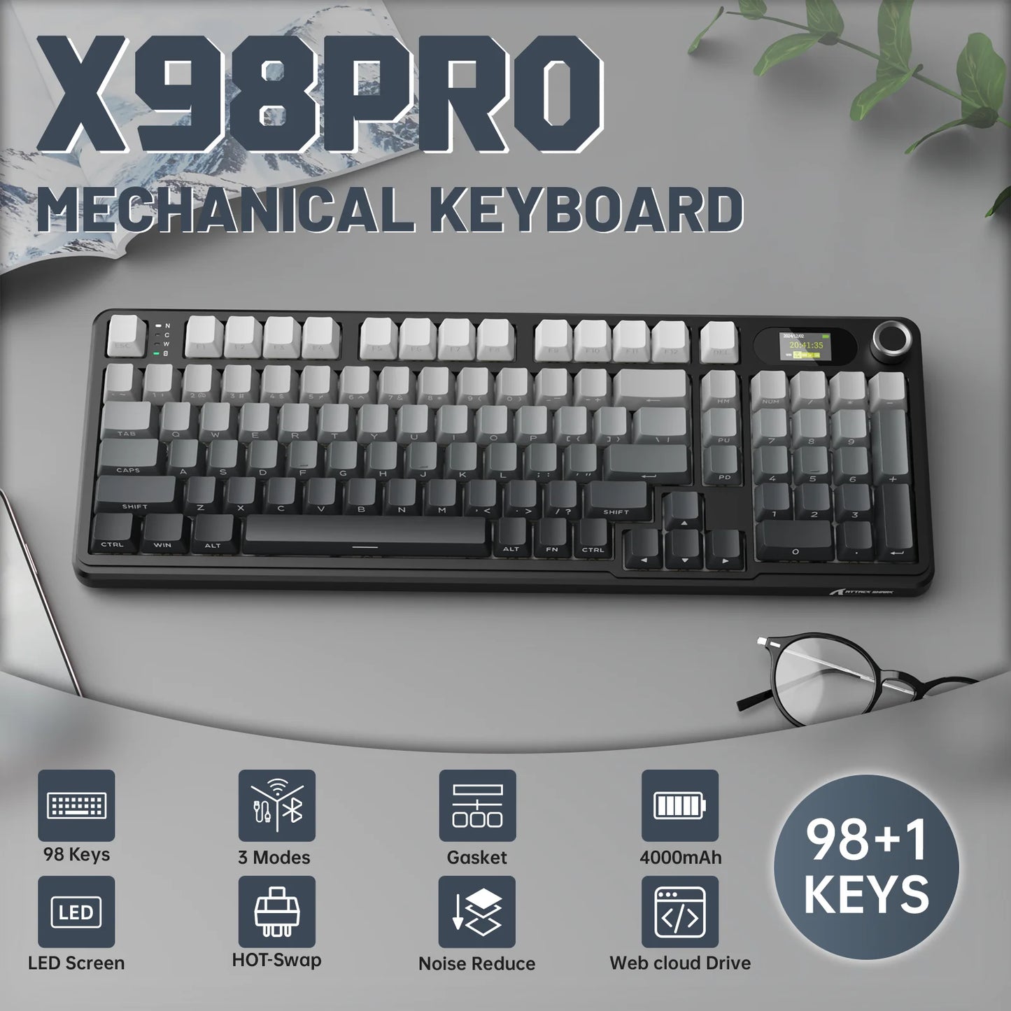 ATTACK SHARK X98PRO Tri-mode Gasket Mechanical Keyboard with TFT Screen & Knob, 99Keys Layout, 5-Layer Foams, Hot-Swap, RGB