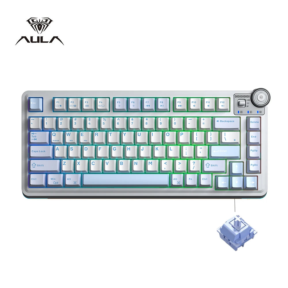 Teclado mecânico gaming esports AULA AU75, três modos, 81 teclas, teclas PBT, hot-swappable, RGB, teclado sem fios para PC desktop e escrita
