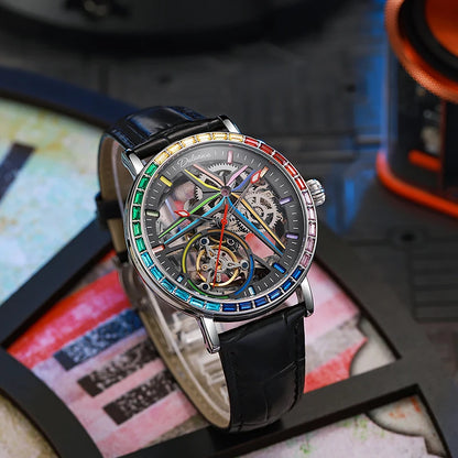 Montre squelette pour homme, style mode, ornée de pierres précieuses aux couleurs de l'arc-en-ciel, dotée d'un tourbillon; montre mécanique automatique de luxe, étanche jusqu'à 30 mètres.