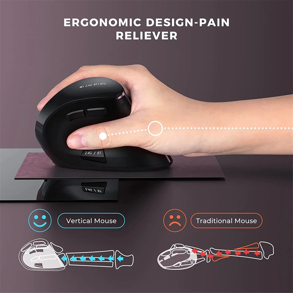 Mouse verticale wireless Jomaa 2.4G+Bluetooth per Apple Mac, laptop e notebook, 9 pulsanti, mouse gaming ricaricabile per PC e iPad