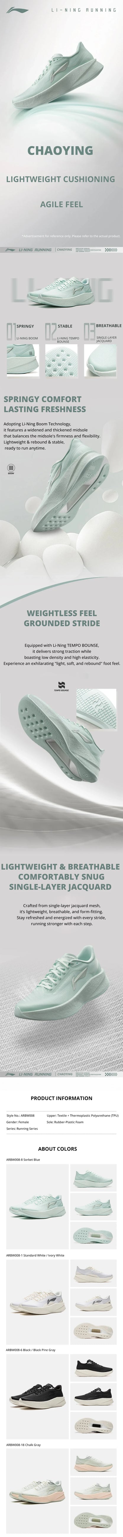 Li-Ning Women's CHAOYING Cushion Running Shoes BOOM Lightweight Rebound TEMPO BOUNCE Flexible Li-Ning Comfortable Sneakers ARBW008
