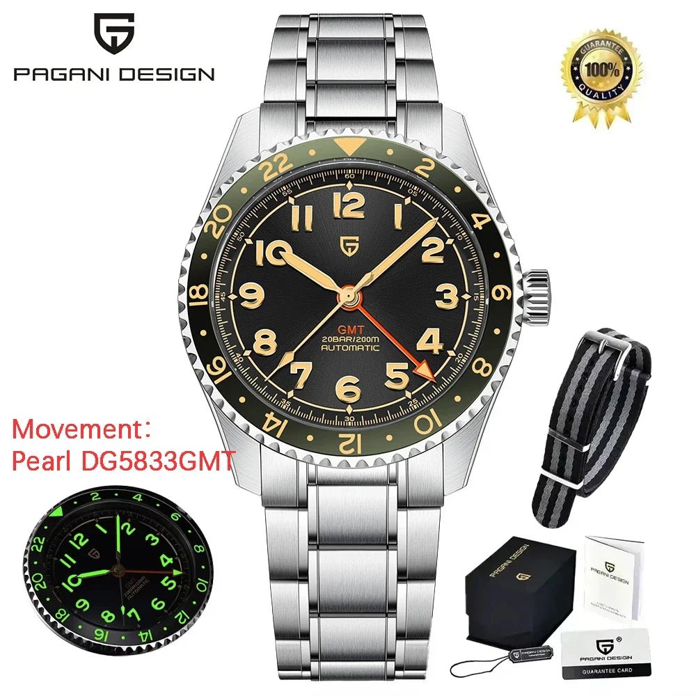 PAGANI DESIGN 2026 NEW Top GMT Men Automatic Mechanical Watches Pearl DG5833 Waterproof Luminous Sapphire Glass reloj hombre