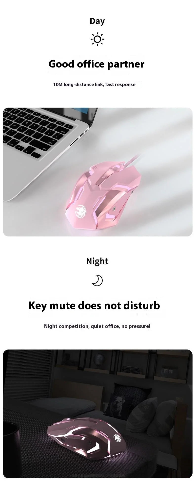 Ratón gaming Frontline rosa con cable, silencioso, mecánico, esports, inalámbrico Bluetooth para oficina, ordenador, diseño atractivo y estilo cute para chica