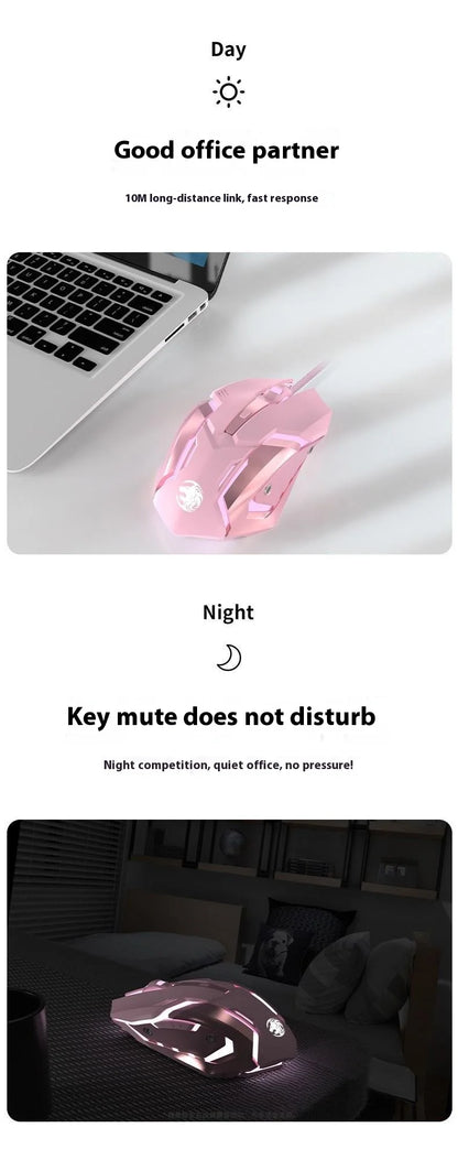 Ratón gaming Frontline rosa con cable, silencioso, mecánico, esports, inalámbrico Bluetooth para oficina, ordenador, diseño atractivo y estilo cute para chica