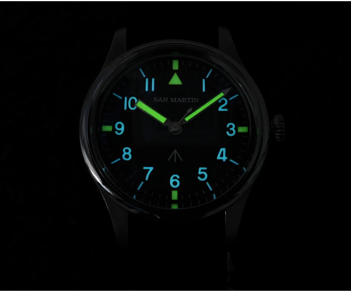 San Martin 36mm Men Pilot Watch VH31 Mechaquartz Movement Sweep Second Quartz Series Simple Style Nylon Strap 10 Bar Luminous