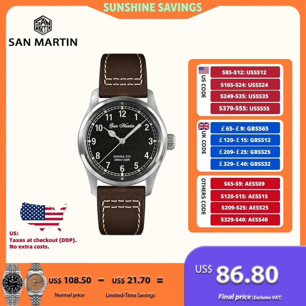 San Martin 37mm Ronda 715 Quartz Watch Men Simple Fashion 10Bar Waterproof Pilot Wristwatch BGW-9 Blue C3 Green Luminous SN0034A