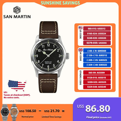 San Martin 37mm Ronda 715 Quartz Watch Men Simple Fashion 10Bar Waterproof Pilot Wristwatch BGW-9 Blue C3 Green Luminous SN0034A