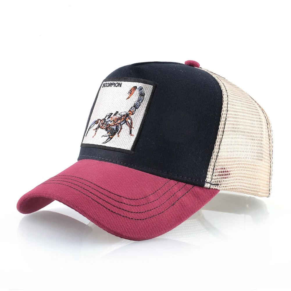 Unisex-trucker-lippalakki, jossa on brodeerattu skorpionimerkki. Miesten baseball-lippalakki, naisten snapback-lippalakki, hiphop-lippalakki, ulkoiluun sopiva hengittävä lippalakki