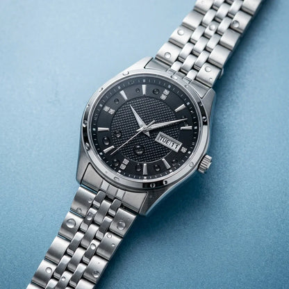 Montre mécanique automatique pour homme Orient, avec double calendrier (date et jour de la semaine), index en cristal et bracelet en acier inoxydable – Montre-bracelet de style professionnel