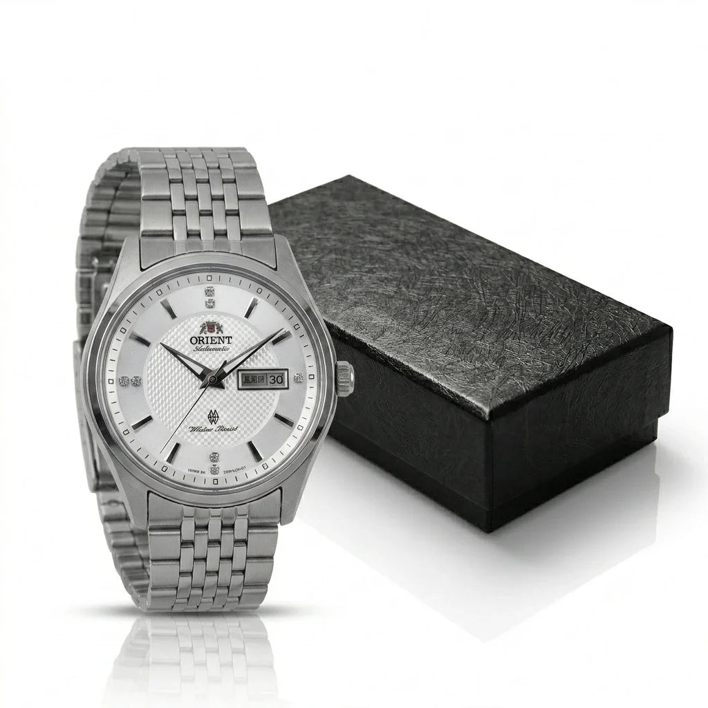 Montre mécanique automatique pour homme Orient, avec double calendrier (date et jour de la semaine), index en cristal et bracelet en acier inoxydable – Montre-bracelet de style professionnel