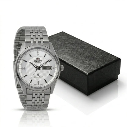 Montre mécanique automatique pour homme Orient, avec double calendrier (date et jour de la semaine), index en cristal et bracelet en acier inoxydable – Montre-bracelet de style professionnel