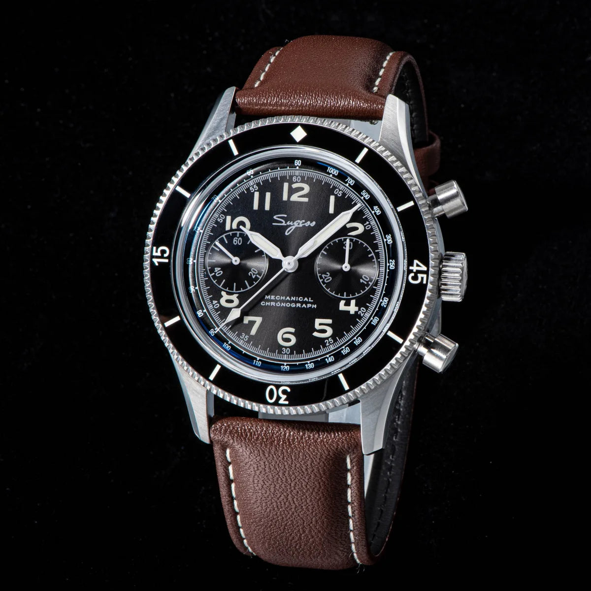 Sugess Pilot Watch Handwind Chronograph Mechanical Wristwatches Luminous Skeleton Men Watches Crystal Sapphire Leather New 2022