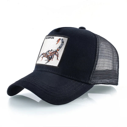 Unisex-trucker-lippalakki, jossa on brodeerattu skorpionimerkki. Miesten baseball-lippalakki, naisten snapback-lippalakki, hiphop-lippalakki, ulkoiluun sopiva hengittävä lippalakki