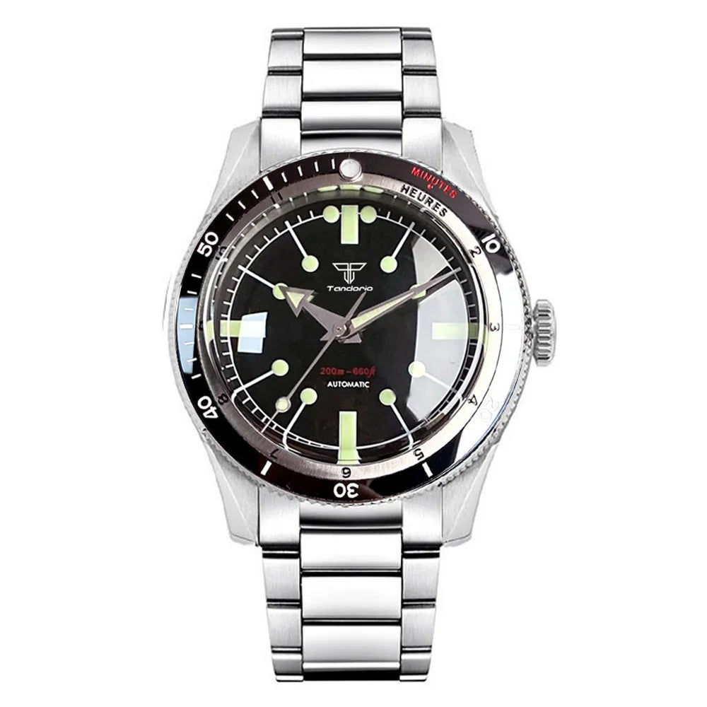 Tandorio NH35A PT5000 Mechanical Men's Watch 20BAR Waterproof Sapphire Luminous Red Black Dial Stainless Steel Bracelet New Clock