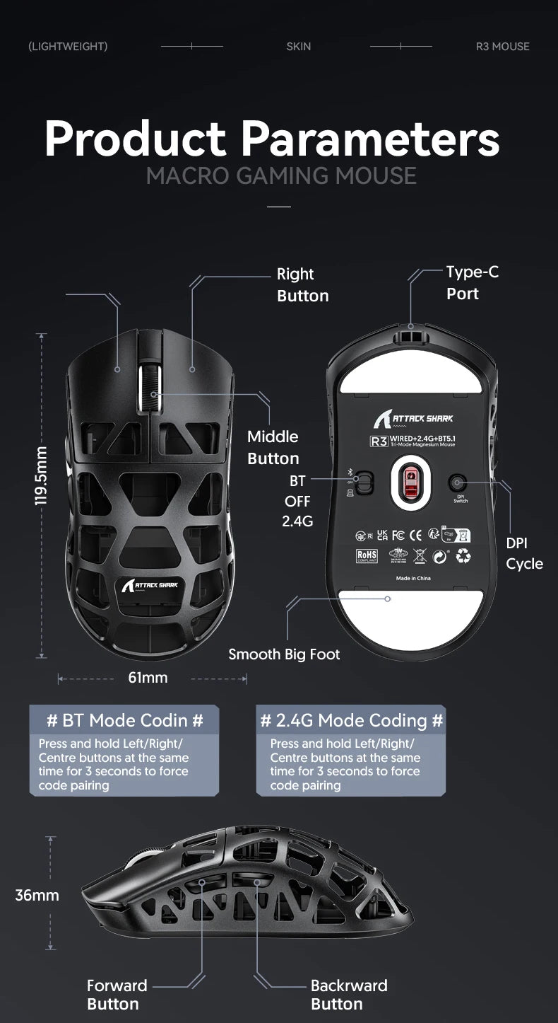 ATTACK SHARK R3 gamingmus i magnesiumlegering med bikakestruktur, ultralätt 8K Hz, PAW3395-sensor, 26000 DPI, ergonomiskt skal